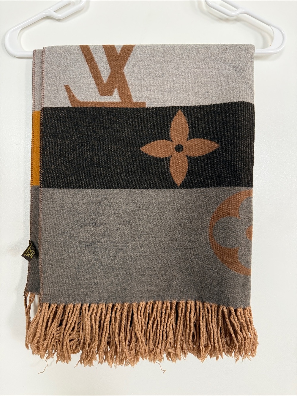 FASHION SCARF 
Gray/Black and Tan /gold /beige Floral-Accent Fringe Scarf
